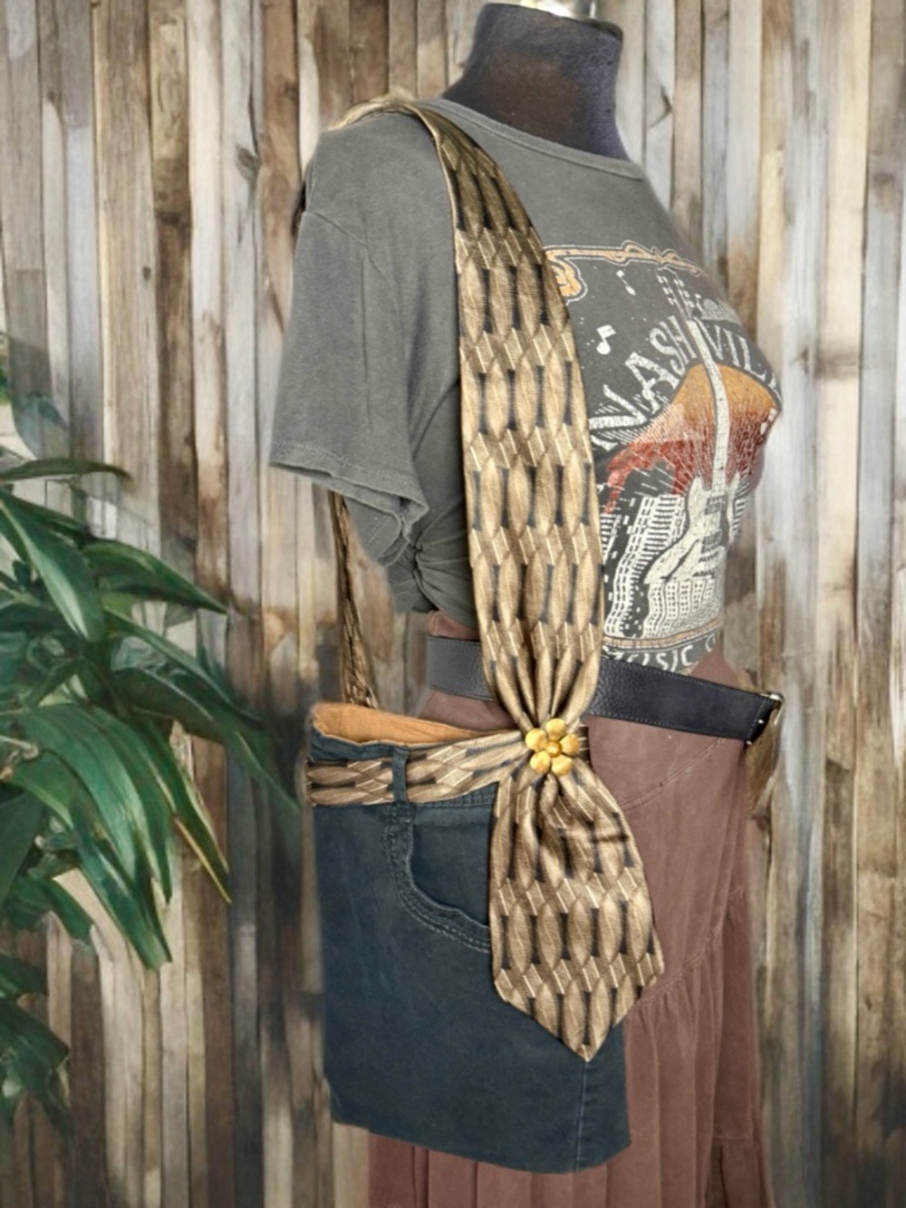 Upcycled Black Denim Pocket Purse Boho Scarf Strap Festival Crossbody Bag